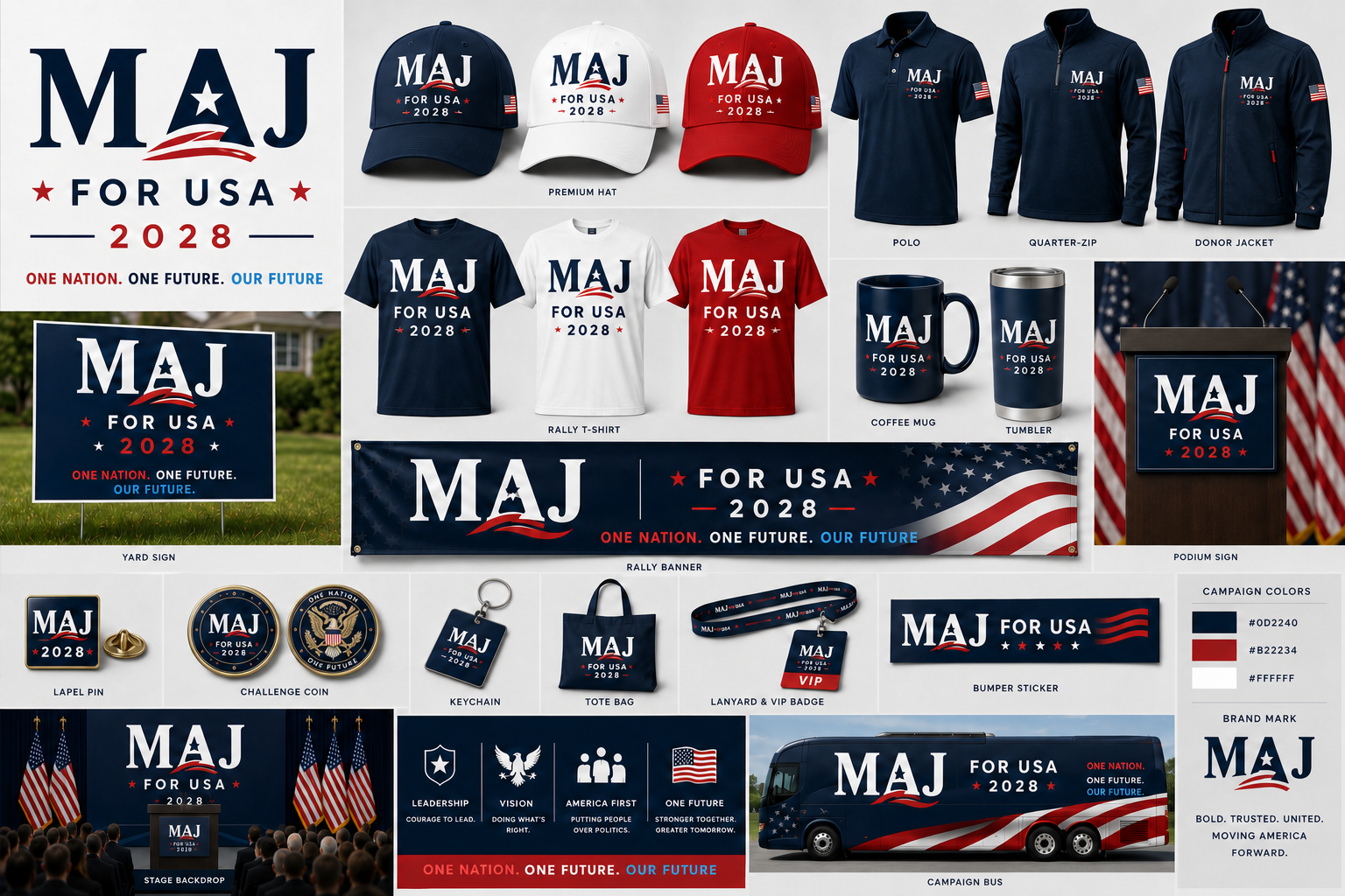 MAJ campaign accessories, bags, mugs, pins and supporter gear